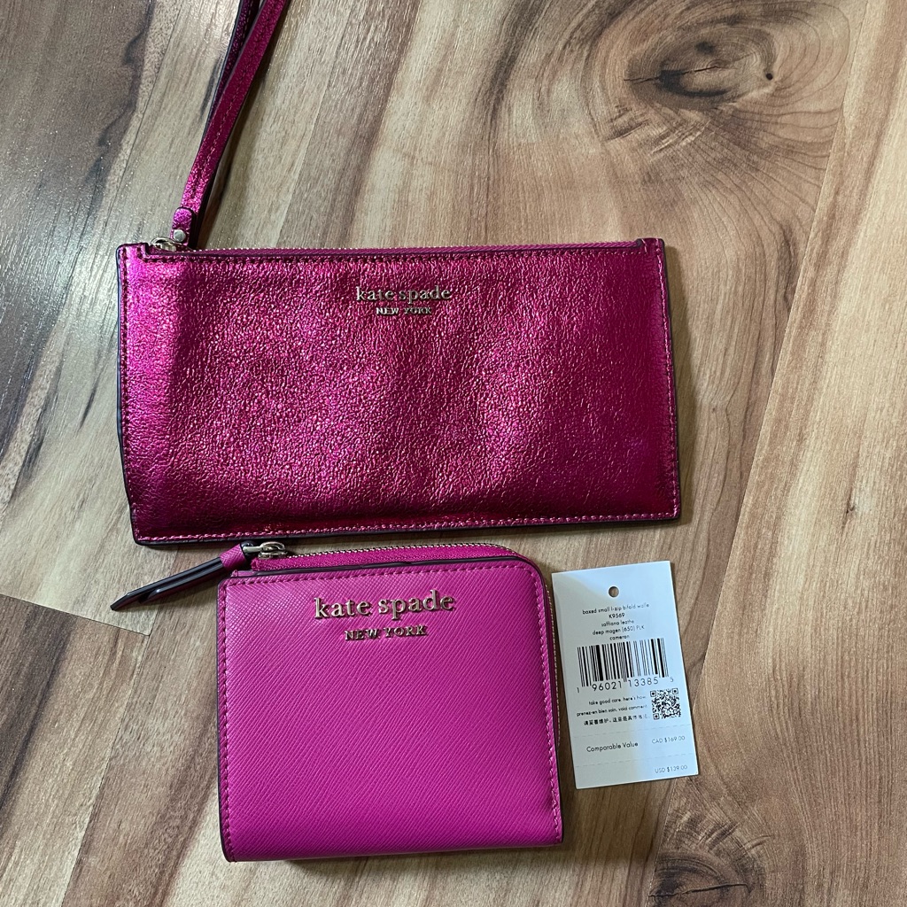 Kate Spade Metallic Magenta Wristlet And Hot Pink Zip Wallet